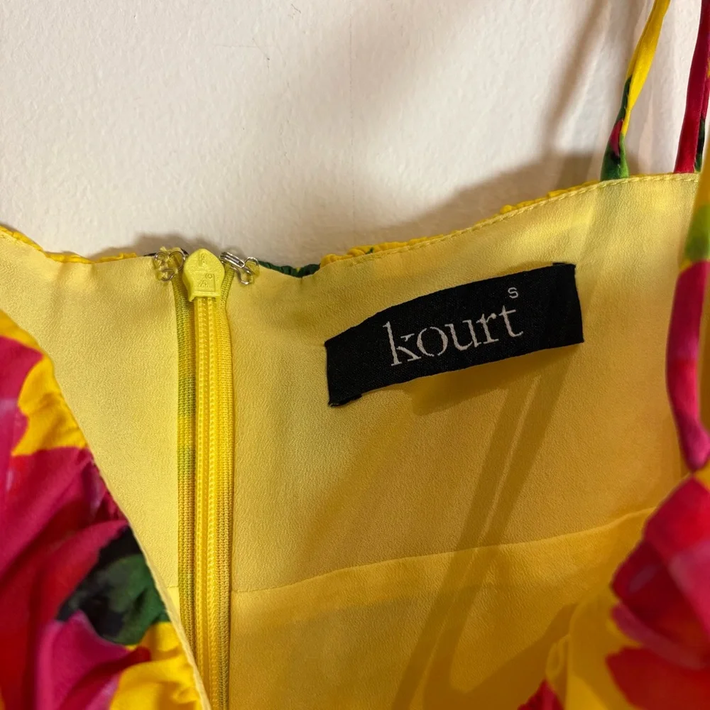 KOURT Dionne Bright Yellow Floral Print Satin Tie-Strap Mini Dress Size Small - Picture 7 of 10